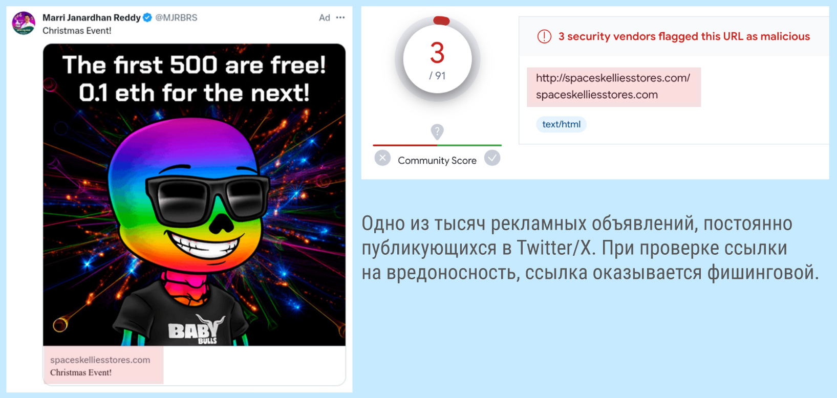 Пример рекламы мошеннического сайта с верифицированного аккаунта