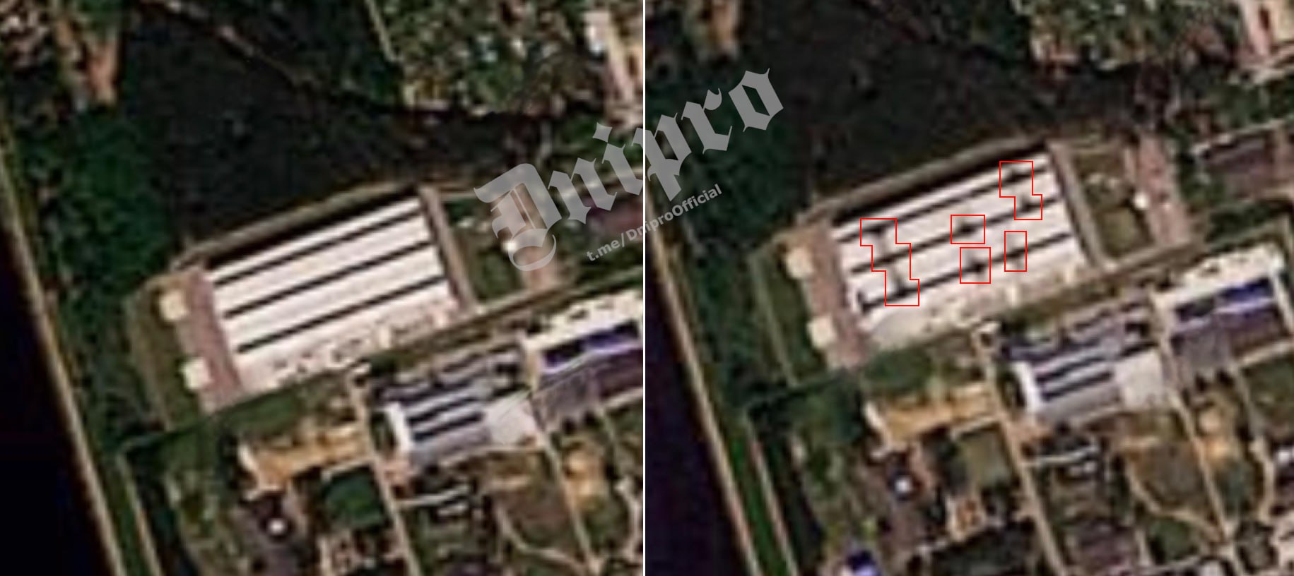 Спутниковый снимок последствий налета на цех предприятия «Кронштадт» в Дубне