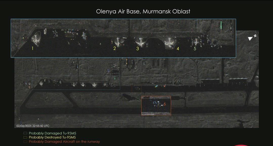 Уничтоженные или получившие критические повреждения Ту-95 на спутниковом SAR-снимке